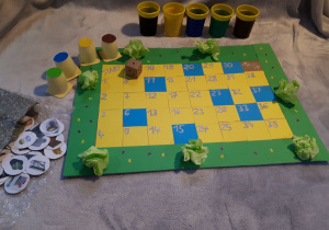 Cała gra planszowa EkoŚwiry w kolorze zielono-niebiesko- żółtym. Wszystkie elementy gry wykonano z papieru i odpadów przeznaczonych do segregacji.